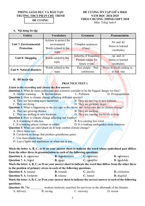 Đề cương ôn tập Giữa kì 2 Tiếng Anh 8 năm 2024–2025 trường THCS Phan Chu Trinh (Hà Nội)